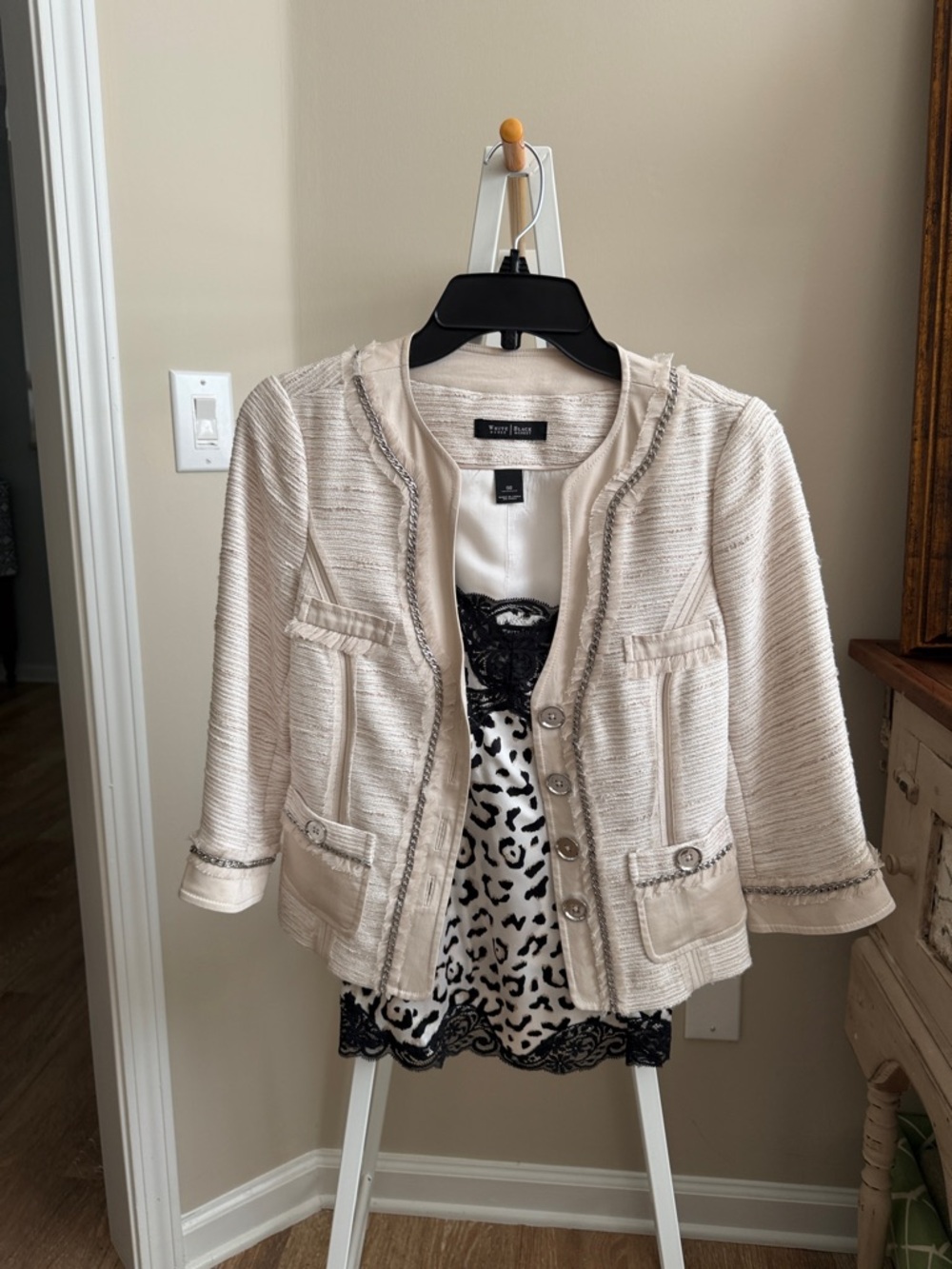 White House/Black Market Ivory Tweed Open-Front Blazer with Trim and Camisole